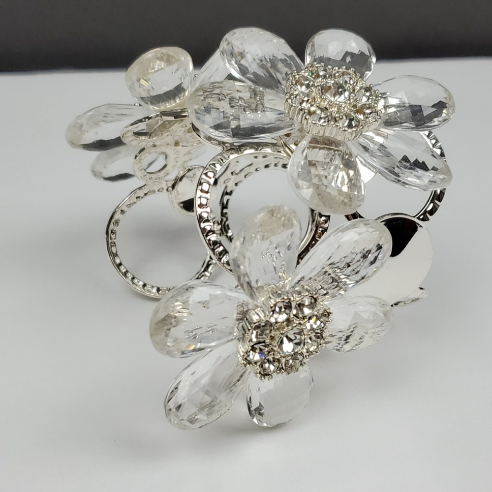 Lucite/Rhinestone On Silver Hardware Floral Cuff